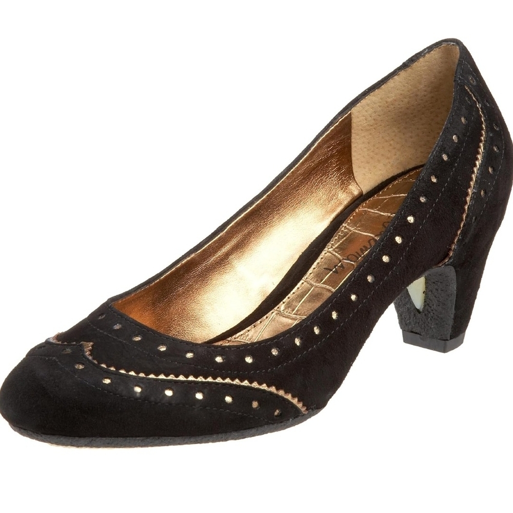 Sam Edelman Yvonne Brown Leather Kitten Heel suede upper with gold-trimmed